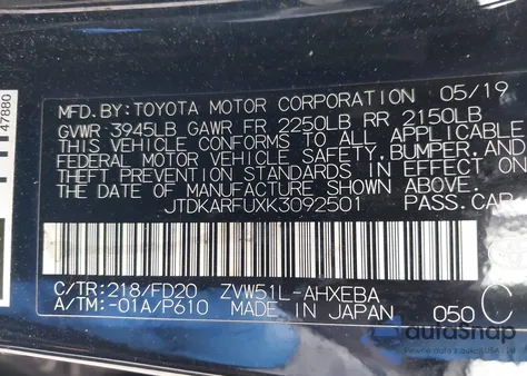 2019 Toyota Prius Le from USA, damaged, VIN JTDKARFUXK3092501